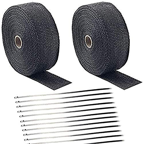 Foneso Lot de 2 rouleaux de bande d'échappement de voiture en fibre de verre avec 24 attaches en acier inoxydable pour tuyaux d'échappement de moto et collecteur Noir 15 m