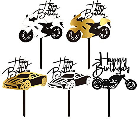 Aabellay 10 Stück Happy Birthday Cake Topper Geburtstag Tortenstecker Auto Motorrad Tortenaufsatz Acryl Kuchen Topper Tortendekoration für Männer Jungen Geburtstagsfeier Partys