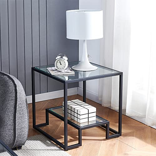 Schwarzer Metall-Glas-Couchtisch – einfacher Beistelltisch für Wohnzimmer, Zuhause, minimalistischer Couchtisch im Metallstil mit 2 Regalen, 53.3 cm kleiner, Esszimmer, Büro