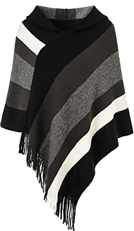 Ferand Damen Gestreifter Poncho Pullover Vielseitiger Schal zum Wickeln mit Fransen für Herbst und Winter - One Size - Stil mit Kapuze: Schwarz & Grau