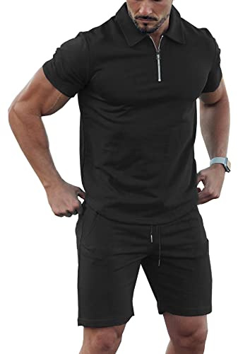 URRU Men's 2 piece Outfits Short Sleeve Golf Polo Shirt and Shorts Set Tracksuit Solid Cotton Regular Fit Tracksuit Black L