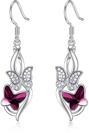Flpruy Schmetterling Ohrringe Hängend 925 Sterling Silber, Damen Infinity Schmetterlings Anhänger Ohrringe Schmuck mit Kristall aus Österreich, Geburtstags Geschenke für Mädchen Frauen Mutter (Lila)