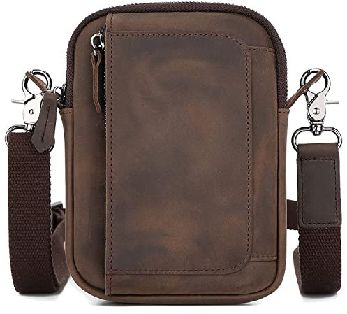 Karoukee Mini Handytasche für Herren, klassische Crazy Horse Leder Umhängetasche, Vintage Look Herrentasche, Lässige Schultertasche, Gürteltasche mit Verstellbarem Riemen & Gürtelschlaufe