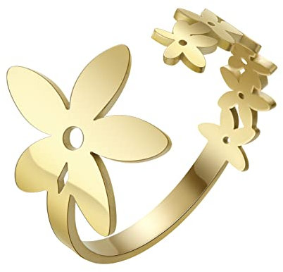 LIKGREAT Blumen Ringe für Frauen Mädchen Floral Ring Band verstellbar Edelstahl Blumen Offener Ring Schmuck Geschenke für Geburtstag Jahrestag Neujahr Weihnachten (Gold)
