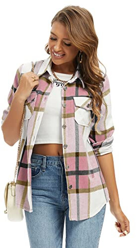 Aeslech Camicie da donna a quadri scozzesi shacket flanella giacca leggera button down manica lunga casual top, rosa, S