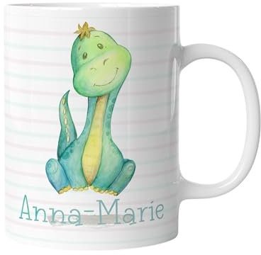 timalo® Dinosaurier Tasse mit Namen bedrucken lassen | Personalisierte Dino Kindertasse mit Wunschname für Kinder Geschenktasse Aquarell | mug-dino-04