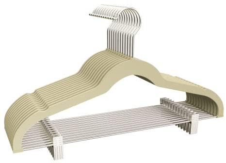COM-FORT HOUSE- Perchas Terciopelo con Pinzas Antideslizantes- Color Beige 12 Unidades- 2 Clips Ajustables - para Pantalones, Faldas y más - Gancho Giratorio 360° Ahorra Espacio