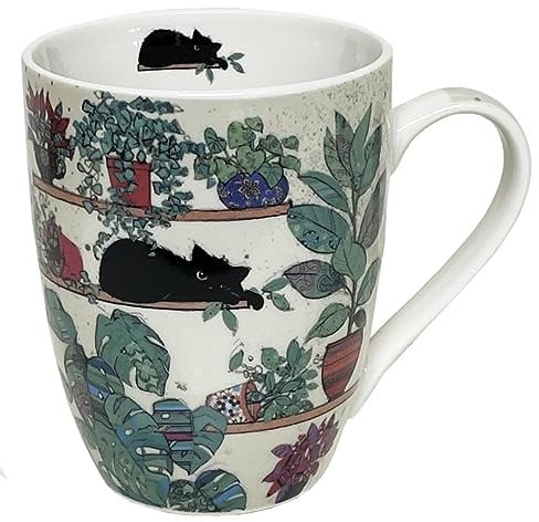 KIUB Mug porcelaine arrondi - motif chat dormant sur une étagère avec des plantes - hauteur 10CM - contenance 340ML - boite assortie