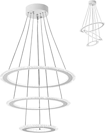 Froadp 128W Kronleuchter LED Pendelleuchte Kristall Hängeleuchte Moderne Deckenleuchte Drei Ringe Hängelampe Höehenverstellbar Deckenlampe für Schlafzimmer Wohnzimmer Esszimmer Flur (Kaltweiß)
