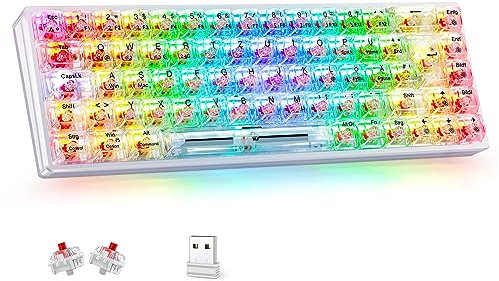TECURS Clavier mécanique RVB sans fil avec capuchon PC transparent, clavier QWERTZ 65 % TKL (disposition allemande) avec interrupteur rouge pour PC/MAC/iPad/ordinateur portable/Xbox One