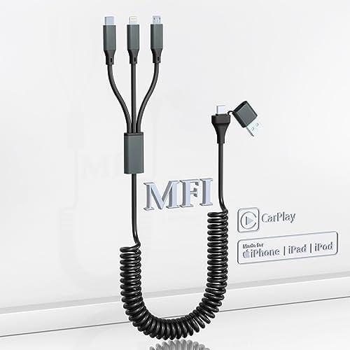 Coiled USB C to Lightning Cable for Apple Carplay & MFI Certified, Coiled Multi Charging Cable with Data Transfer, Retractable USB A/C 3 in 2 Charger Cord with Type C+Micro USB+Lightning Connectors