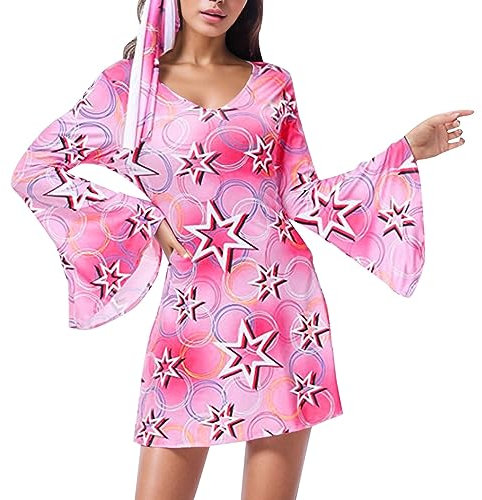 Windsfinr Hippie Kostüm Damen Set, 60er 70er Kleid Hippie Kleidung Frauen Mädchen Disco Kleider mit Pailletten, Mode Outfit mit 60er Jahre Kostüm Zubehör, Bekleidung Damen für Karneval Party