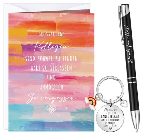 Tenare Set von 4 Stück Abschiedsgeschenk Kollegen Jobwechsel Geschenk inklusive Arbeitskollegin Schlüsselanhänger Abschiedskarte Stift und Geschenkbox für Kollegin Geburtstag Weihnachten Ruhestand