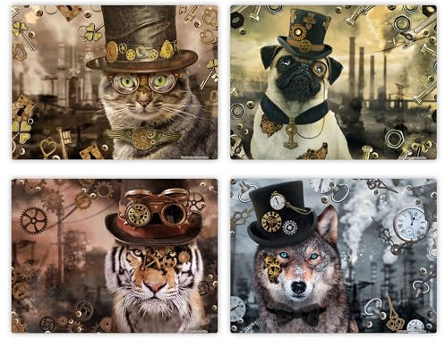 Tischsets (4er Set) Tiere, Wolf, Katze, Mops, Tiger, 40 x 30 cm Platzset aus hochwertigem Vinyl, Tischset abwaschbar, pflegeleicht + rutschfest, Made in Germany, BPA-frei | Design: “Steampunk - Set“