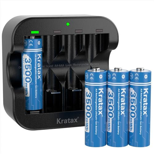 Kratax 1.5V AA Rechargeable Lithium Batteries,3500mWh High Capacity Double AA Li-ion Battery,1600Cycles,Coustant Output for Household Office Devices. (4*AA Batteries with Black USB Charger)