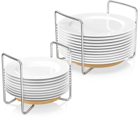 Piconico Plate Holder for Kitchen Drawers - Bamboo Dish Racks for Kitchen Counter 2Pcs Small & Large - Adjust 6.75 to 12.5 Stainless Steel Plate and Bowl Organizer for Cabinet, RV, Countertop