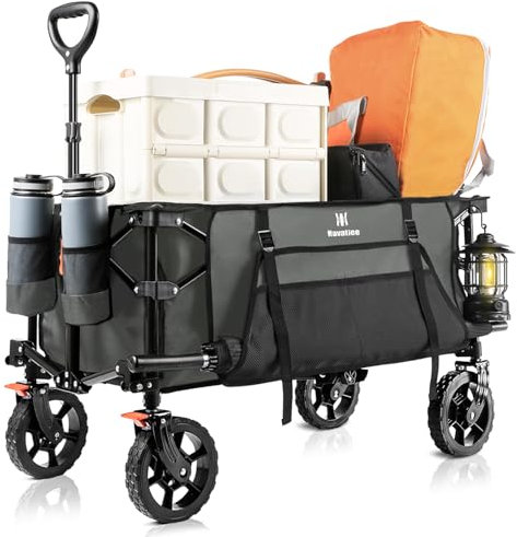 Navatiee Collapsible Folding Wagon, Heavy Duty Utility Beach Wagon Cart with Side Pocket and Brakes, Large Capacity Foldable Grocery Wagon for Garden Sports Outdoor Use, S1, Gray