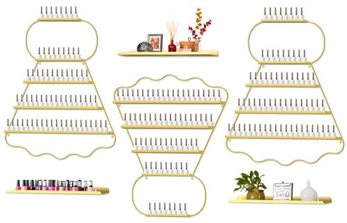 Kalolary Badminton Metal Wall Mounted Nail Polish Storage Racks, 5 Tiers Gold Display Rack Cosmetic Display Cases Lipstick Perfume Wall Shelf Essential Oil Organizers for Home Spa Nail Salon Shop