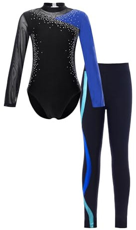 iEFiEL Mädchen Turnanzug Langarm Glitzer Gymnastik Kleidung Set Ballett Trikot Langarmbody mit Lange Hose Kinder Gymnastikanzug Zc Blau 110-116