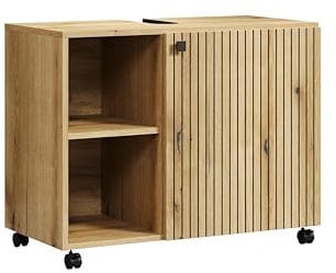 trendteam Smart Living - Meuble sous-Vasque à roulettes - Salle de Bain - PureBliss - Dimensions de Montage (LxHxP) 80 x 64 x 42 cm - Couleur chêne Evoke avec rainures Noires - 233730142