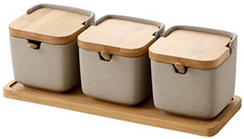 ZSQZSQ Tarro de condimentos Creativo de cerámica, Botella de condimento con Tapa de bambú, Caja de condimentos Simple, salero Rojo de Red, Juego de Tres Piezas
