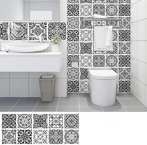 Pegatinas De Azulejos Flores Retro Negras Resistente Al Agua Pegatinas De Azulejos De Pared,Pared Cocina,Calcomanía De Pared Pegatina De Pvc Para Decor Azulejos Muebles Baño15X15Cm