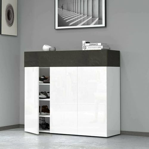 Dmora - Schuhregal Nick, platzsparendes schuhregal mit 4 türen, multifunktionale eingangsgarderobe, 114 x 38 x 100 cm, Weiß und Schiefer