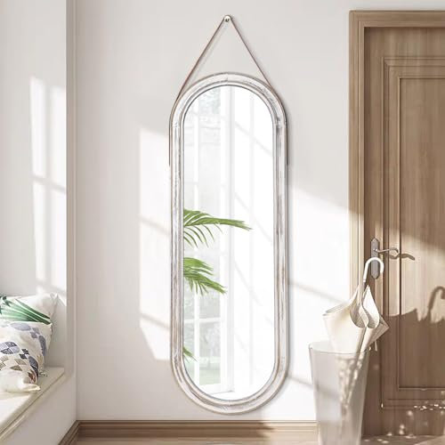 AAZZKANG Hängender Spiegel oval mit Lederriemen, großer Ganzkörperspiegel mit rustikalem Holzrahmen, für Schlafzimmer, Wohnzimmer, Eingang, Flur, Weiß