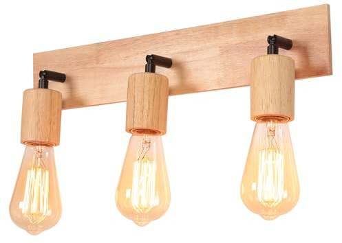 LIGKIN Wandleuchte Innen Vintage E27 Wandlampe Holz Schwenkbarer Lampenkopf Wandleuchte 3 Flammig Wandspots Metall Deckenleuchte für Wohnzimmer, Schlafzimmer, Korridor