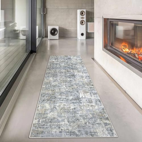 HUGEAR Waschbarer Läufer Teppich Flur 60x240cm Blau Grau Modern Abstrakt Küchen Wohnzimmer Schlafzimmer Teppiche Teppichläufer rutschfest Kurzflor Weich FlurläUfer TeppichläUfer Bettvorleger