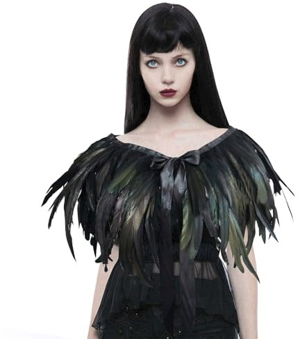 CIYIN Feder Umhang, Federkragen Schwarz, Feather Shrug, Feder Cape, Federn Stola, Feder Schalkragen, Karneval Halloween Stola mit Federn, Federumhang Gotisch Kostüm