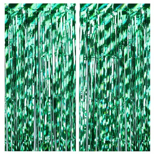 Drucilla 2 Stück Lametta Vorhang, Glitzervorhang Lametta, Folien Fransen Lametta Vorhänge, Glitzer Tinsel Curtain für Geburtstag, Party, Hochzeit Deko, 1m x 2m, Grün