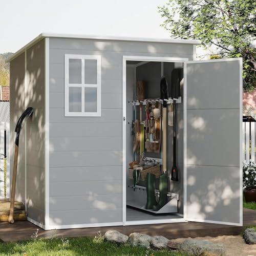 UDPATIO Outdoor Resin Storage Shed 6x6 FT, Plastic Garden Shed for Bike, Garbage Can, Tool, Outside Sheds & Outdoor Storage Storage Box with Lockable Door for Backyard, Patio, Lawn, Grey & White