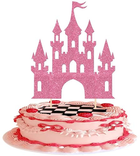 Xsstarmi 1 Pack Castle Theme Cake Topper Glitter Queen Princess Castle Cake Pick Queen Princess Birthday Cake Decorations for Baby Shower Wedding Birthday Party Supplies Pink