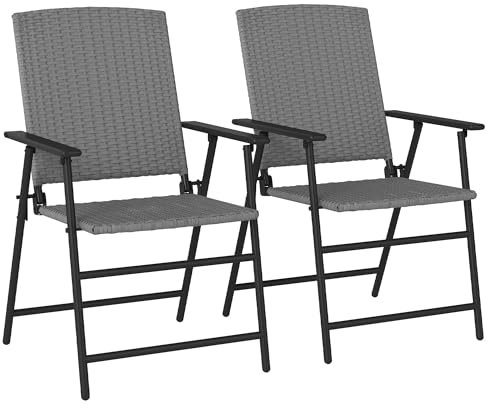 Outsunny Folding Garden Chairs Set of 2, PE Rattan Garden Dining Chairs with Armrests, High Back and Steel Frame, Weather Resistant Outdoor Dining Furniture for Patio, Balcony, Grey