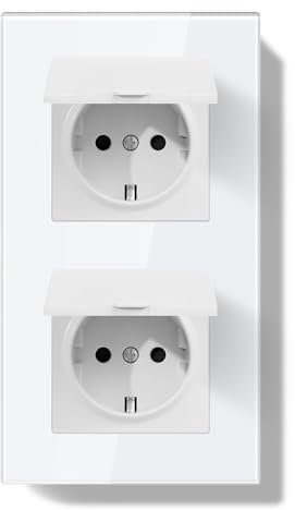 BSEEDLIFE Schuko Steckdose mit Wasserdichter Abdeckung, Unterputz 86 * 157mm, 16A EU-Doppelsteckdose mit Glasrahmen, Toilette/Küche, Einfache Installation (Klappkrallen), 2-Fach Weiß