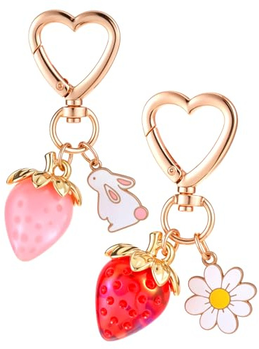 2 Süße Erdbeer Schlüsselanhänger, Kawaii Beeren Geldbörsen Anhänger | Schlüsselanhänger Erdbeere Herz Kaninchen Gänseblümchen Blumen Schlüsselringe Zubehör Für Handtaschen Frauen Und Mädchen