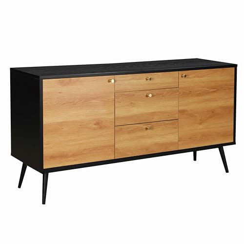 Oviala Skandinavische Anrichte in heller Holzoptik, 2 Türen, 3 Schubladen, 150 cm, Schwarz