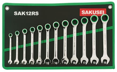 Sakusei Tools Ratchet Spanner Set – 12pc Flexi Combination Wrench Kit (8–19mm Metric) with Roll Up Bag, Chrome Vanadium Spanners for Car, Bike, Home & Garage Repairs