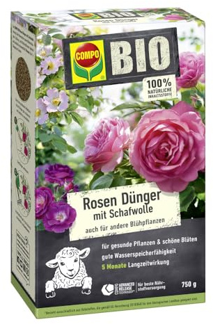 COMPO BIO Rosen Langzeit-Dünger mit Schafwolle, 750 g, 5 Monate Wirkung | Für alle Rosenarten, Blütensträucher und Kletterpflanzen, natürliche Langzeitwirkung durch Schafwolle