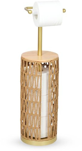 Rayofly Boho Porte-Rouleau de Papier Toilette avec Étagère, Rangement en Rotin pour Papier Toilette, Porte-Rouleau de Papier Toilette sur Pied de Salle de Bain, Support Doré pour 4 Rouleaux