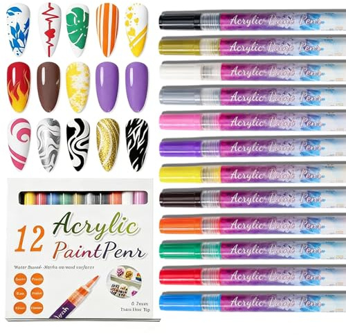 12 Colors Nail Art Pens Set, New 3D Acrylic Nail Paint Pens Kit, 0.7MM Fine Tips Nail Polish Graffiti Pens, Quick Dry & Waterproof Nail Varnish Pen for Dotting, Drawing & Liner, DIY or Home Salon