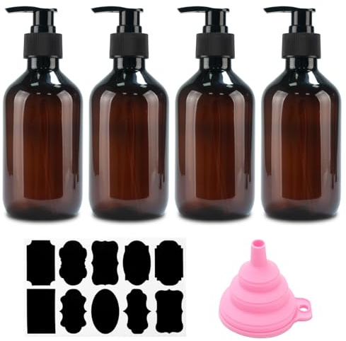 4 STK Seifenspender, 300 ml Shampoo Flaschen zum Befüllen, Duschgel Spender, Pumpspender, nachfüllbare Pumpflaschen, Leere Shampooflaschen für Dusche Lotionen Shampoos + Trichter & Etikett(Braun)