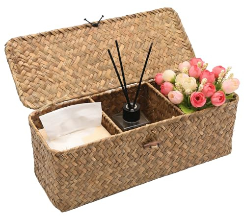 Ollanoos Seagrass Storage Bin with Cover, Versatile 3-Section Organizer for Home, Stylish Woven Basket for Shelves and Desks (Khaki Color)