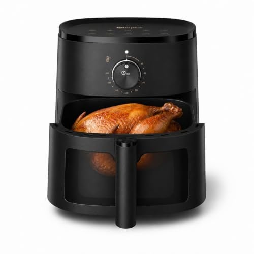 SIMPLUS Heißluftfritteuse 5 L mit Sichtfenster, 1300 W Airfryer mit Dampfgarfunktion, 360° Heißluft, Drehregler, 10 Garhinweise, 60–200 °C, Timer 60 Min., Antihaftkorb, für fettarmes Frittieren