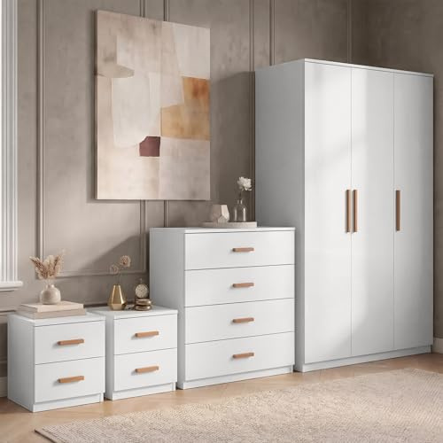 Blisswood 4 Piece Bedroom Furniture Set, 3 Door Wardrobe with 5 Drawer Chest of Drawers & Two Bedside Table, Bedroom Sets (White)