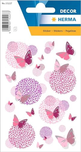 HERMA 15227 Aufkleber Schmetterlinge Rosa Pink klein, 26 Stück, Schmetterling Sticker mit Blumen und Silberprägung, Butterfly Etiketten für Fotoalbum Tagebuch Poesiealbum Scrapbooking Deko Briefe DIY
