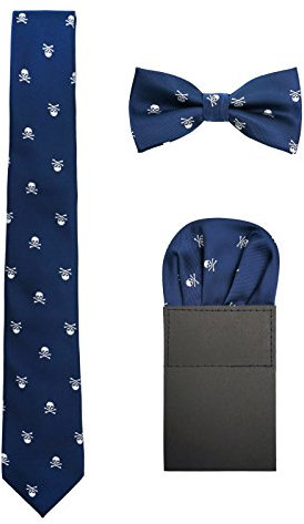 WANYING Herren 6cm Krawatte & Gebundene Fliege & Einstecktuch 3 in 1 Set Yuppie Trendmode Casual Cool - Totenkopf Pattern Dunkelblau