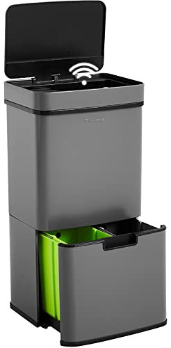 Homra® Nexo Mülleimer mit Sensor 3+1 Fächern | Edelstahl Smart Bin | Küchen Abfalleimer Bewegungssensor | Mülltrennung Elektrisch | Smart Bin | Mülltrennsystem für Mülltrennung in der Küche | Grau