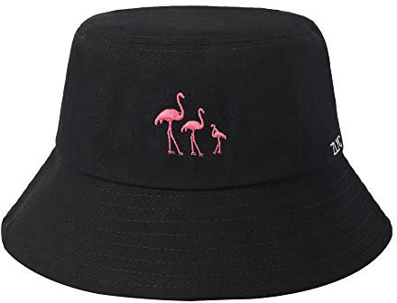 ZLYC Unisex Mode Bestickte Fischerhüte Sommerhut Outdoor-Hut Für Jugendliche (Schwarz Flamingo),Gr. Einheitsgröße